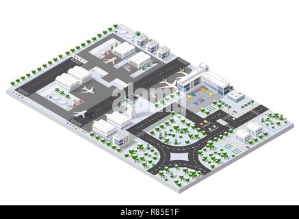 Natale isometrica Anno Nuovo pista di atterraggio per aerei della città international airport terminal e il piano di trasporto e la pista di atterraggio aereo, aeromobili jet. Urban Illustrazione Vettoriale