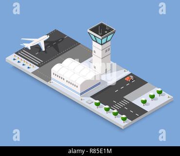 Natale isometrica Anno Nuovo pista di atterraggio per aerei della città international airport terminal e il piano di trasporto e la pista di atterraggio aereo, aeromobili jet. Urban Illustrazione Vettoriale