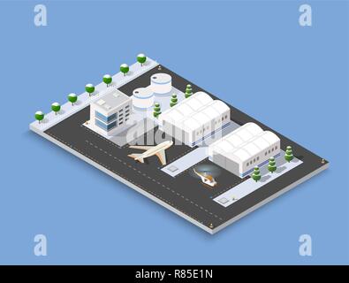 Natale isometrica Anno Nuovo pista di atterraggio per aerei della città international airport terminal e il piano di trasporto e la pista di atterraggio aereo, aeromobili jet. Urban Illustrazione Vettoriale