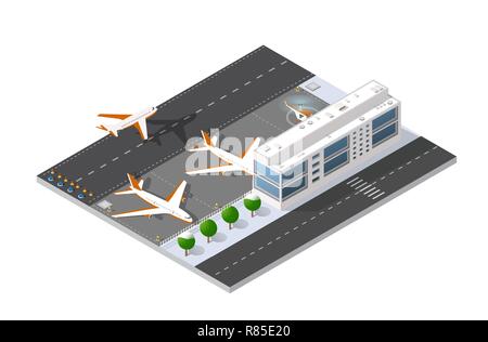 Natale isometrica Anno Nuovo pista di atterraggio per aerei della città international airport terminal e il piano di trasporto e la pista di atterraggio aereo, aeromobili jet. Urban Illustrazione Vettoriale