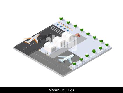 Natale isometrica Anno Nuovo pista di atterraggio per aerei della città international airport terminal e il piano di trasporto e la pista di atterraggio aereo, aeromobili jet. Urban Illustrazione Vettoriale