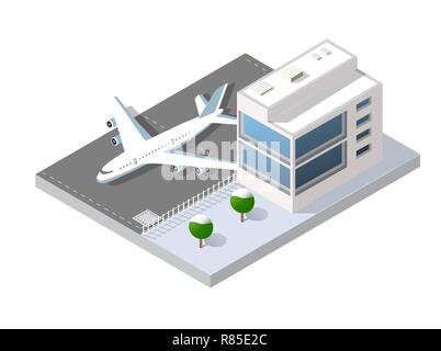 Natale isometrica Anno Nuovo pista di atterraggio per aerei della città international airport terminal e il piano di trasporto e la pista di atterraggio aereo, aeromobili jet. Urban Illustrazione Vettoriale