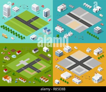 Set isometrica 3D città tridimensionale quartiere della città. Grattacieli, appartamento, ufficio, case e strade con traffico urbano movimento della vettura con t Illustrazione Vettoriale