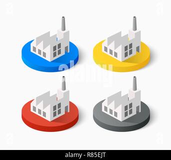 Prospettiva 3D vista isometrica su edifici della città di fabbrica web icone in stile appartamento. Piante, magazzino, trasporto e altri impianti industriali Illustrazione Vettoriale