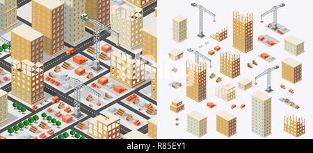 La costruzione industriale isometrics nella grande città di grattacieli in costruzione, case ed edifici Illustrazione Vettoriale