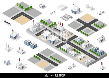 Isometrica, 3D città urban impostata in fabbrica che include edifici, Power Plant, riscaldamento a gas, magazzino, ascensore esterno. Mappa piatta isolata ed infografico el Illustrazione Vettoriale