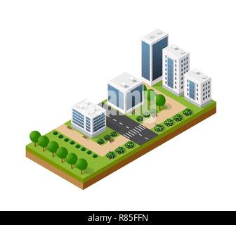 Isometrica set urbano della città città di infrastruttura, street, moderna struttura reale, architettura 3d elementi diversi edifici Illustrazione Vettoriale