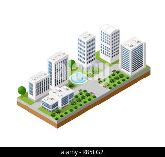 Isometrica set urbano della città città di infrastruttura, street, moderna struttura reale, architettura 3d elementi diversi edifici Illustrazione Vettoriale