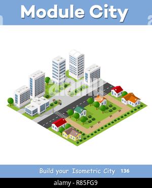 Isometrica set urbano della città città di infrastruttura, street, moderna struttura reale, architettura 3d elementi diversi edifici Illustrazione Vettoriale