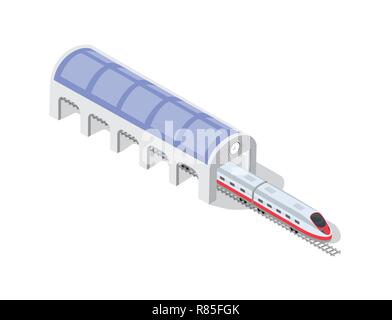 Fast moderno treno ad alta velocità. Piatto di vettore 3d illustrazione isometrica del trasporto pubblico. Trasporto merci per il trasporto di grandi numeri di passeggeri. Illustrazione Vettoriale