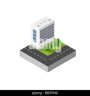 Isometrica icona urbana della città città di infrastruttura, street, moderna struttura reale, architettura 3d elementi diversi edifici Illustrazione Vettoriale