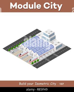 Fast moderno treno ad alta velocità. Piatto di vettore 3d illustrazione isometrica del trasporto pubblico. Trasporto merci per il trasporto di grandi numeri di passeggeri. Illustrazione Vettoriale