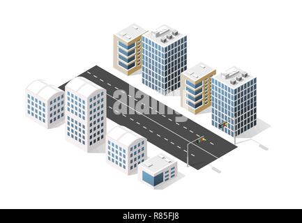 Boulevard City Avenue isometrica. Auto di trasporto urbano ed asfalto, traffico. Attraversamento di strade piane 3d illustrazione tridimensionale della città di pubblico trasporto. Illustrazione Vettoriale