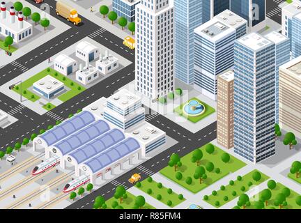 Isometrica megalopoli urbano vista dall'alto della città città di infrastruttura, street, moderna struttura reale, architettura 3d elementi diversi edifici Illustrazione Vettoriale