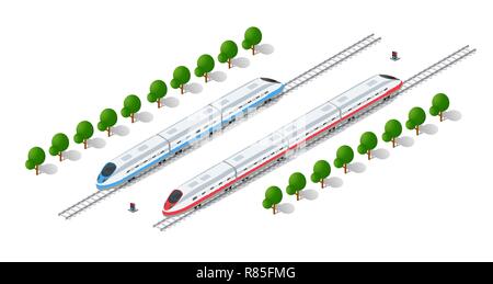 Fast moderno treno ad alta velocità. Piatto di vettore 3d illustrazione isometrica del trasporto pubblico. Trasporto merci per il trasporto di grandi numeri di passeggeri. Illustrazione Vettoriale