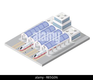 Illustrazione isometrica di treni ad alta velocità per le vie della città il blocco vicino l'edificio della stazione Illustrazione Vettoriale