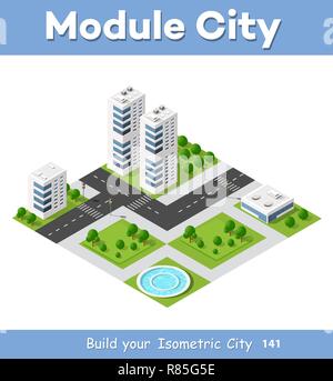 Area isometrica è il paesaggio di una grande città. Elemento per la costruzione di una metropoli. Illustrazione Vettoriale