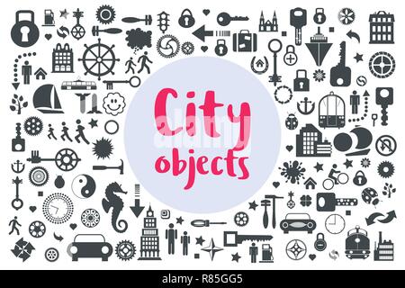 Set di sagome piane di icone city flat stile urbano con oggetti e case, grattacieli ed edifici Illustrazione Vettoriale