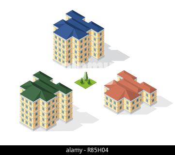 Isometrica, 3D Edificio dimensionale della moderna architettura della costruzione urbana. Mappa di disegno engineering design landscape vista superiore Illustrazione Vettoriale