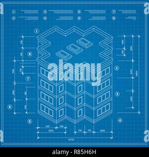 Blueprint piano isometrica di un edificio residenziale. Disegno del jotting schizzo di costruzione e i processi industriali di scheletro della struttura wit Illustrazione Vettoriale