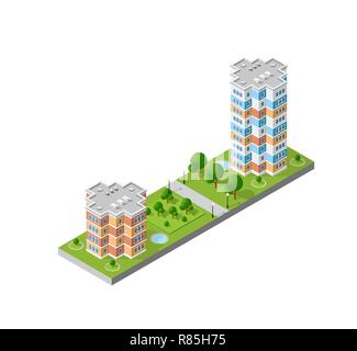 Isometrica, 3D paesaggio della citta'. Vista superiore della città dimensionale case moderne e grattacieli di blocchi urbani Illustrazione Vettoriale
