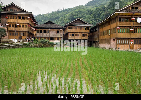 Tradizionali case di legno villaggio di Rosso tribù Yao. Longsheng Huangluo Yao villaggio. Guilin, Guangxi, Cina Foto Stock