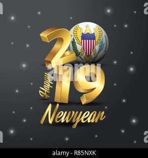 2019 Felice Anno Nuovo Isole Vergini USA Bandiera tipografia. Celebrazione astratta sfondo Illustrazione Vettoriale