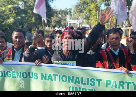 Agartala, Tripura, India. Decimo Dec, 2018. I dimostranti sono visti tenendo un banner mentre cantando slogan durante la protesta.INPT (indigeni Partito Nazionalista del Twipra) leader e sostenitori protesta sulla nazionale ad alto titolo in Khamtingbari, 40 km lontano dalla città di Agartala alla domanda per il ritiro della cittadinanza Bill che è stato introdotto nel luglio 19 in Lok Sabha, la cittadinanza Amendment Bill 2016 mira a consentire i migranti illegali da alcune comunità minoritarie in Afghanistan, il Bangladesh e il Pakistan ammissibili per la cittadinanza indiana. In altre parole, essa modifica la legge sulla cittadinanza del 1955. ( Foto Stock