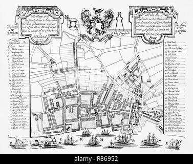 La mappa stradale di Liverpool, Merseyside England, poi una città in 1725 da J Chadwick. Foto Stock