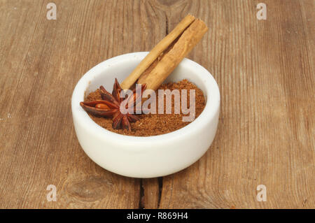 Closeup cinese di cinque spezie, anice stellato e cannella in un ramekin su legno rustico Foto Stock