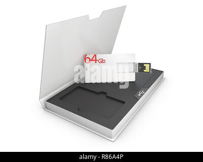 Vuoto in plastica bianco usb card mockup in scatola, 3d illustrazione Foto Stock