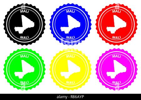 Mali - timbro di gomma - vettore, Repubblica del Mali mappa pattern - adesivo - nero, blu, verde, giallo, viola e rosso Illustrazione Vettoriale