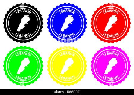 Libano - timbro di gomma - vettore, Repubblica libanese mappa pattern - adesivo - nero, rosso, blu, verde, giallo, viola Illustrazione Vettoriale