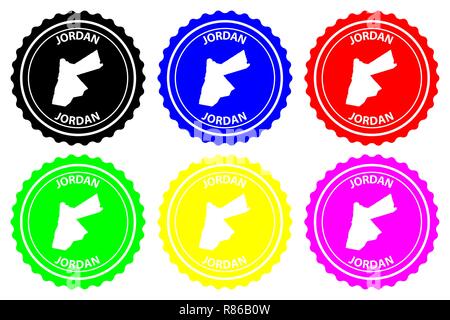 Giordania - timbro di gomma - vettore, il Regno hascemita di Giordania mappa del modello - adesivo - nero, blu, verde, giallo, viola e rosso Illustrazione Vettoriale