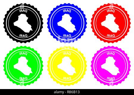 Iraq - timbro di gomma - vettore, Repubblica dell'Iraq mappa pattern - adesivo - nero, blu, verde, giallo, viola e rosso Illustrazione Vettoriale