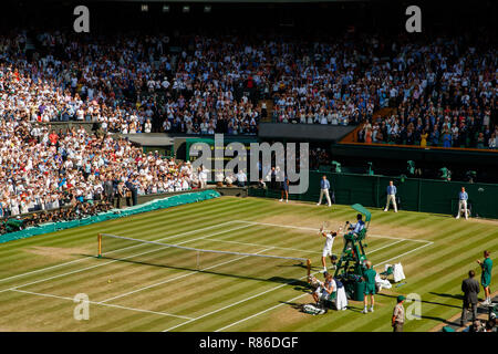 Novak Djokovic di Serbia celebra vincendo match point dei colleghi Singoli Final durante i campionati di Wimbledon 2018 Foto Stock