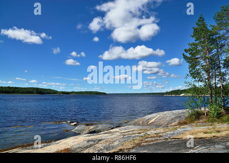 Bellissimo paesaggio Karelian - rocce, alberi di pino e l'acqua. Bay Chupa, mare bianco costa, Carelia, Russia Foto Stock