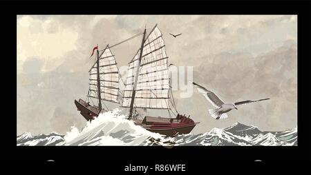 Old junk su un mare agitato - illustrazione vettoriale Illustrazione Vettoriale