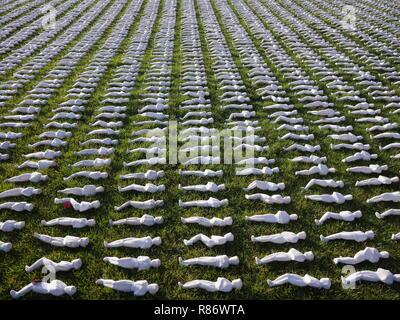 Schermi della Somme, omaggio alle vittime della Prima Guerra Mondiale, artista Rob sentito nel Queen Elizabeth Park, Stratford, Londra Foto Stock