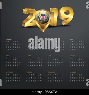 2019 Calendario modello. Isole Vergini USA Paese Mappa Golden Tipografia testata Illustrazione Vettoriale