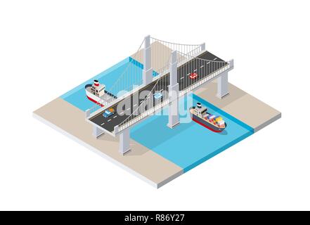 Il ponte skyway delle infrastrutture urbane è isometrico per giochi, applicazioni di ispirazione e di creatività. Città organizzazione di trasporto degli oggetti in 3 Illustrazione Vettoriale