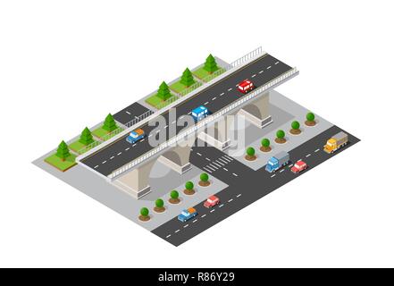 Il ponte skyway delle infrastrutture urbane è isometrico per giochi, applicazioni di ispirazione e di creatività. Città organizzazione di trasporto degli oggetti in 3 Illustrazione Vettoriale