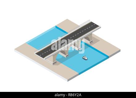 Il ponte skyway delle infrastrutture urbane è isometrico per giochi, applicazioni di ispirazione e di creatività. Città organizzazione di trasporto degli oggetti in 3 Illustrazione Vettoriale