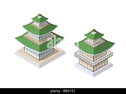 La pagoda cinese la costruzione di casa di arte buddista di Tempio di Asia orientale cultura in una vista isometrica Illustrazione Vettoriale