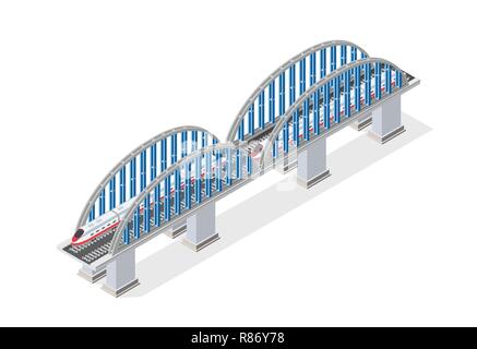 Ferrovia ponte isometrica con la stazione ferroviaria e con il treno ad alta velocità da locomotiva. Elementi di trasporto urbano di infrastrutture di trasporto Illustrazione Vettoriale