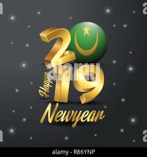 2019 Felice Anno Nuovo Mauritania bandiera tipografia. Celebrazione astratta sfondo Illustrazione Vettoriale