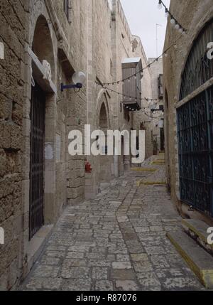 YAFO O JAFFA-BARRIO DE LOS ARTISTAS-CALLE EMPEDRADA DE ADOQUINES. Posizione: esterno. Israele. Foto Stock