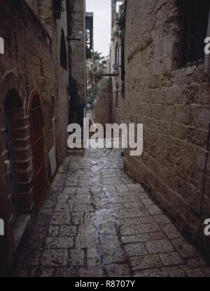 YAFO O JAFFA-BARRIO DE LOS ARTISTAS-CALLE ESTRECHA EMPEDRADA. Posizione: esterno. Israele. Foto Stock