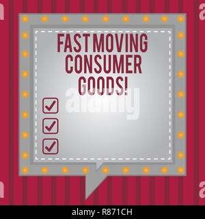 Parola di scrittura di testo in rapido movimento di beni di consumo. Il concetto di business ad alto volume di acquisti al dettaglio del consumismo Square fumetti dentro un altro wi Foto Stock