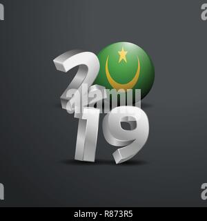 Grigio 2019 Tipografia con la Mauritania bandiera. Felice anno nuovo lettering Illustrazione Vettoriale